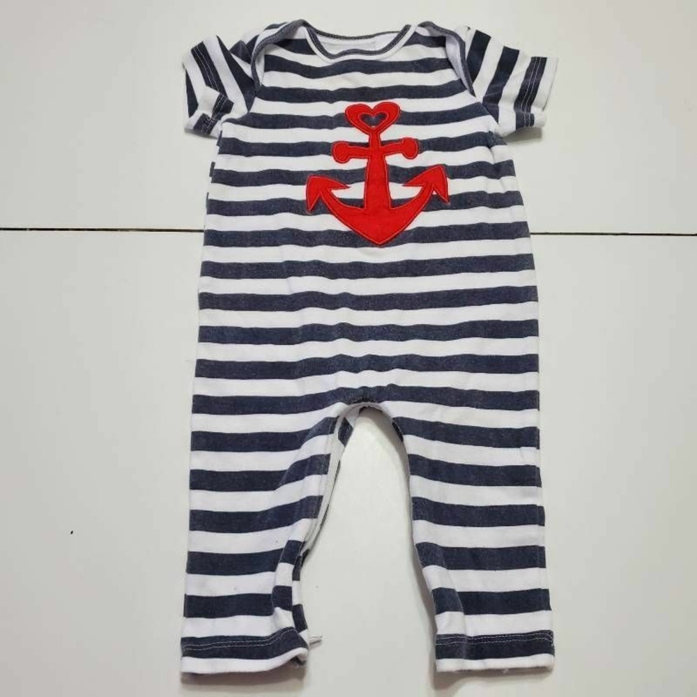 Zippy One Baby Boys One Piece Pajamas White Gray Striped Anchor Applique Crew 6M